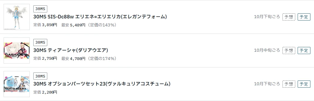 ガンプラ再販図鑑の30MSの再販予定の一覧。エリエネ=エリエリカは10月下旬ごろ、ティアーシャ(ダリアウエア)は10月中旬ごろ、オプションパーツセット23は10月下旬ごろで、どれにも予想の札が付いている