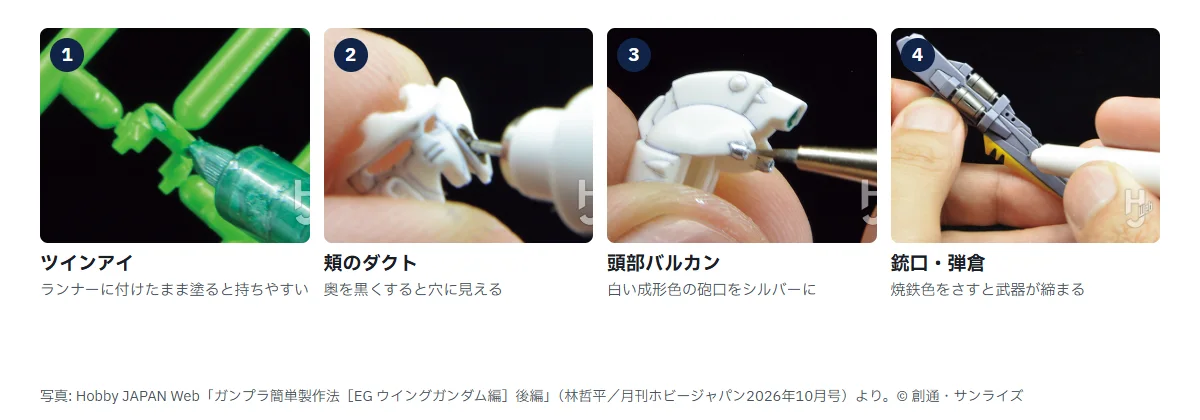 塗ると効く場所4枚。1 ランナーに付いたままの緑のツインアイのパーツにガンダムマーカーを当てているところ、2 白い頭部の頬のダクトの奥を黒く塗っているところ、3 頭部バルカンの砲口をシルバーに塗ったところ、4 グレーのバスターライフルの銃口と弾倉を焼鉄色に塗り分けたところ