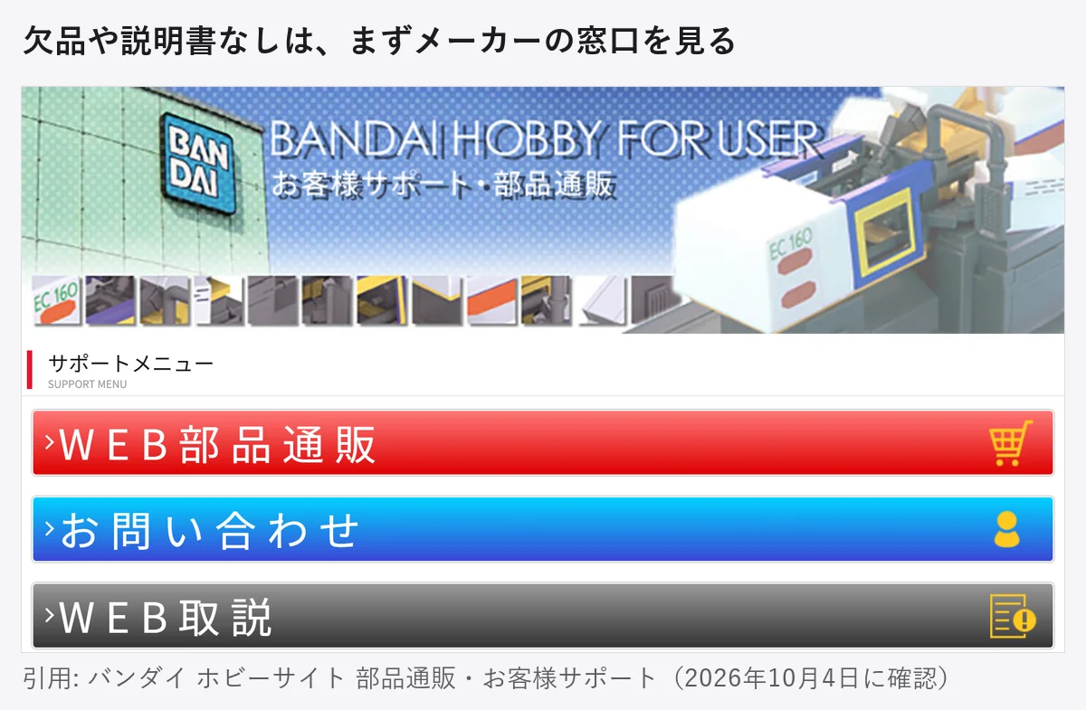 バンダイ ホビーサイトの「部品通販・お客様サポート」のページ。サポートメニューとして、WEB部品通販、お問い合わせ、WEB取説の3つのボタンが並んでいる