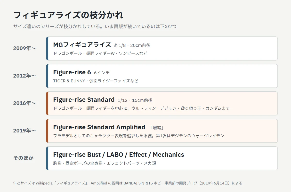フィギュアライズの枝分かれの図。2009年からMGフィギュアライズ（約1/8・20cm前後）、2012年からFigure-rise 6（6インチ）、2016年からFigure-rise Standard（1/12・15cm前後）、2019年からFigure-rise Standard Amplified、そのほかにFigure-rise Bust・LABO・Effect・Mechanics