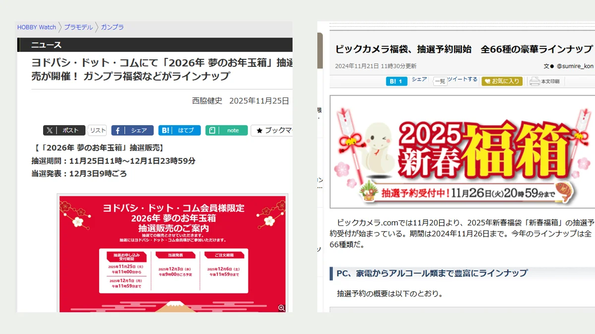 ヨドバシ・ドット・コムの「2026年 夢のお年玉箱」抽選販売と、ビックカメラの新春福箱の抽選予約を伝えるニュース記事の画面