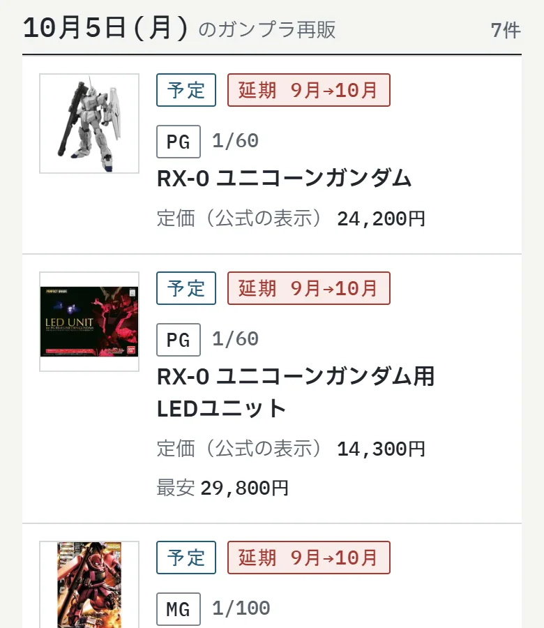 ガンプラ再販図鑑の月ごとの再販スケジュールのページ。日付ごとに再販されるキットと定価・最安値が並んでいる