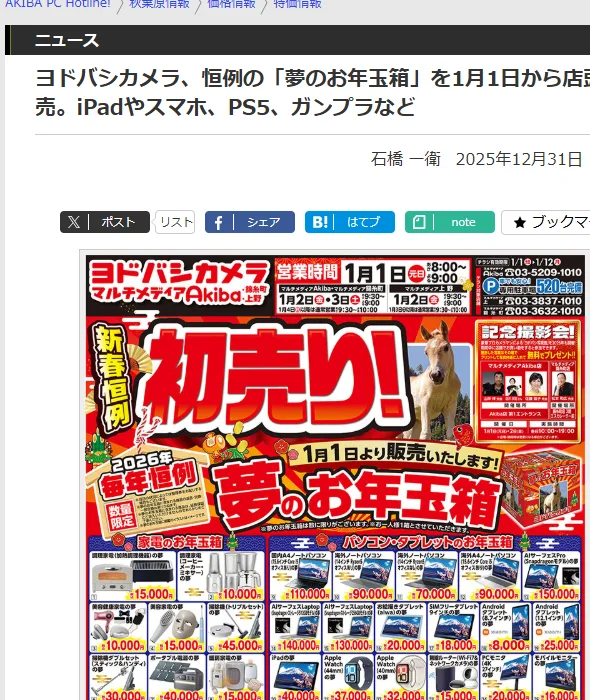 AKIBA PC Hotline!の記事「ヨドバシカメラ、恒例の「夢のお年玉箱」を1月1日から店頭販売。iPadやスマホ、PS5、ガンプラなど」と、マルチメディアAkibaの初売りのチラシ
