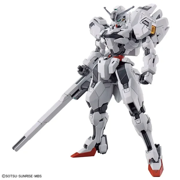 HG 1/144 ガンダムキャリバーンの公式の商品写真。白い機体が長いバリアブルロッドライフルを構えている
