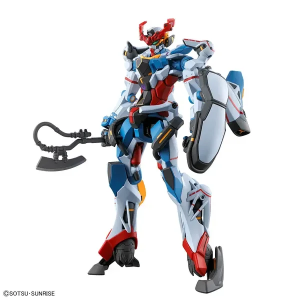 HG 1/144 GQuuuuuuXの公式の商品写真。白・青・赤の機体が武装と盾を持っている