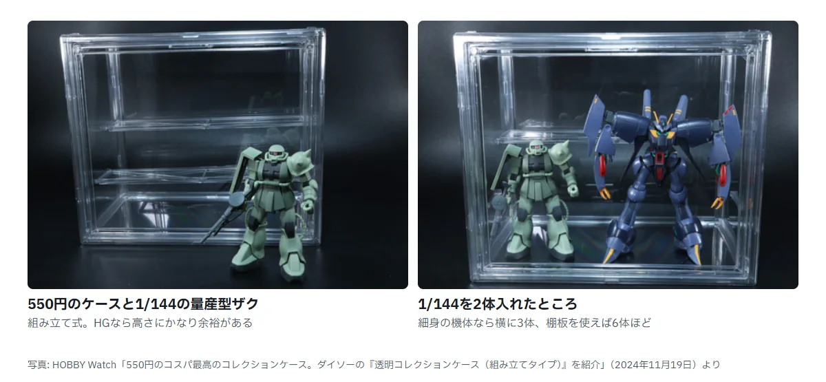 ダイソーの透明コレクションケースの写真2枚。左は組み立てた透明のケースの横にHGUC 1/144 量産型ザクを立てて大きさを比べたところで、ケースのほうがかなり高い。右はケースの中に1/144のザクともう1体を並べて入れたところ