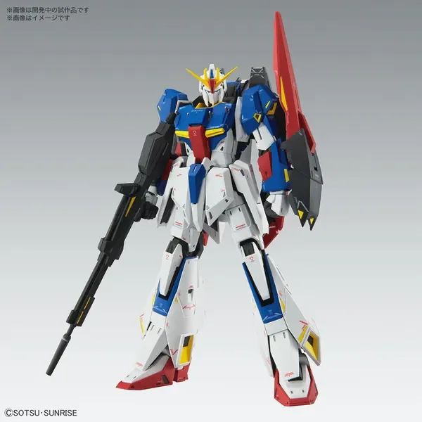 MG 1/100 ゼータガンダム Ver.Kaの公式の商品写真。白・青・赤の機体がビーム・ライフルとシールドを持っている