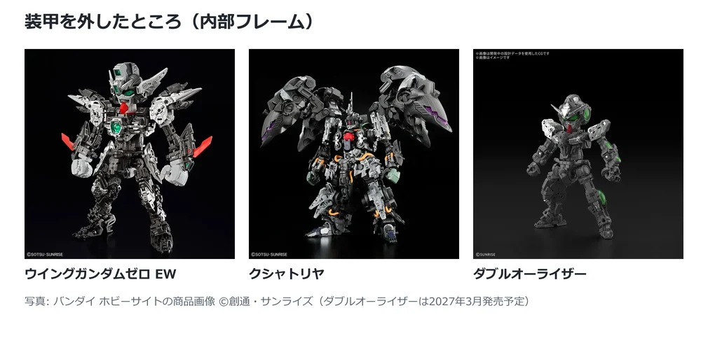MGSDのウイングガンダムゼロEW・クシャトリヤ・ダブルオーライザーの、装甲を外した内部フレームの公式商品写真