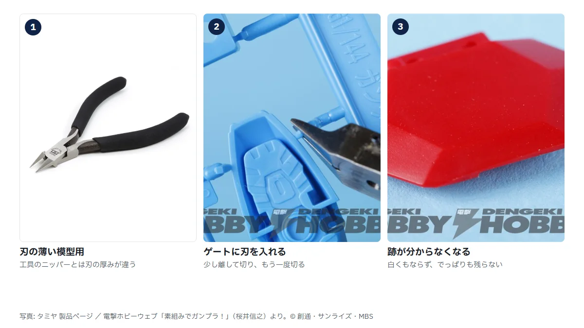 ニッパーの3段階。左は刃の薄い模型用ニッパーの商品写真、中央は青いランナーのゲートに刃を入れているところ、右はゲート跡の分からなくなった赤いパーツ