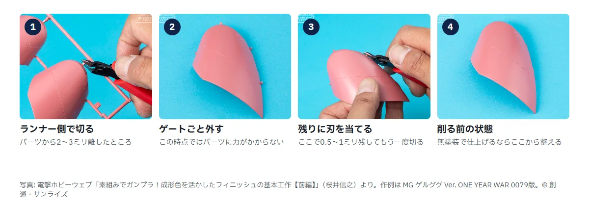 ランナー側から切る4段階。1 ピンクのパーツから2〜3ミリ離れたランナーに刃を入れる、2 ゲートの付いたまま外れたパーツ、3 残ったゲートに刃を当てる、4 削る前の切り終わり