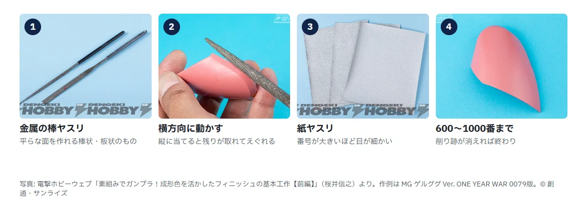 ゲート跡を削る4枚。1 金属の棒ヤスリ2本、2 ピンクのパーツに棒ヤスリを横方向に当てているところ、3 白い紙ヤスリ3枚、4 削り跡の消えたピンクのパーツ