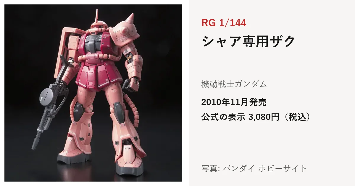 RG 1/144 MS-06S シャア専用ザクの公式の商品写真。ピンクと赤のザクがマシンガンを持って立っている