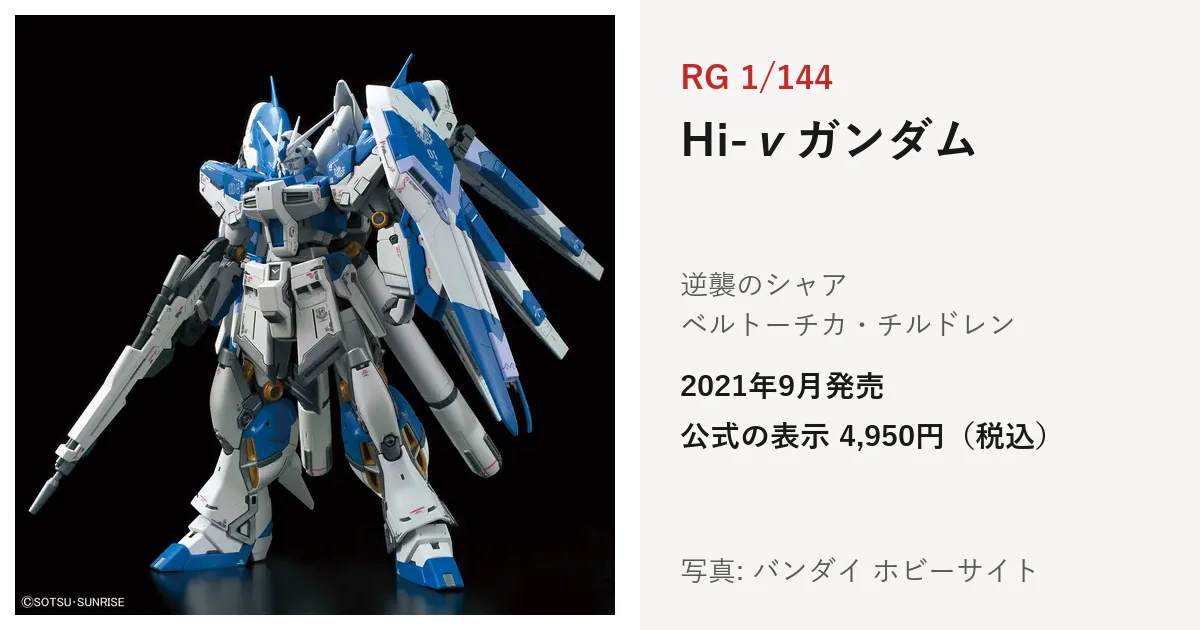 RG 1/144 Hi-νガンダムの公式の商品写真。白と青の機体がビーム・ライフルを持ち、背中にフィン・ファンネルを付けている