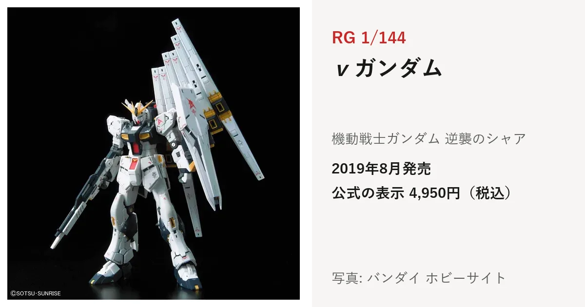 RG 1/144 νガンダムの公式の商品写真。白と黒の機体がビーム・ライフルを持ち、背中に6枚のフィン・ファンネルを付けている