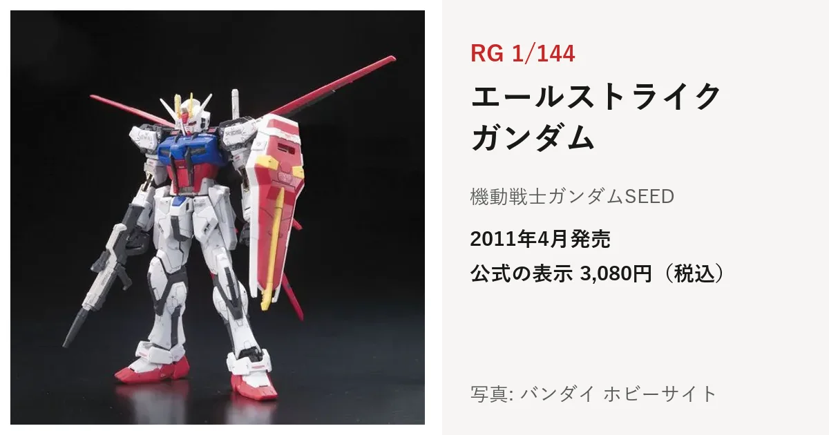 RG 1/144 エールストライクガンダムの公式の商品写真。白・青・赤の機体が背中に赤いエールストライカーを付け、ビーム・ライフルとシールドを持っている
