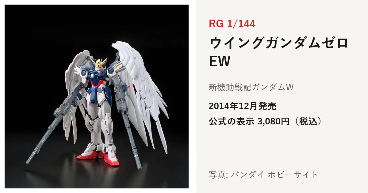 RG 1/144 ウイングガンダムゼロ EWの公式の商品写真。白い大きな翼を広げた機体がツインバスターライフルを持っている