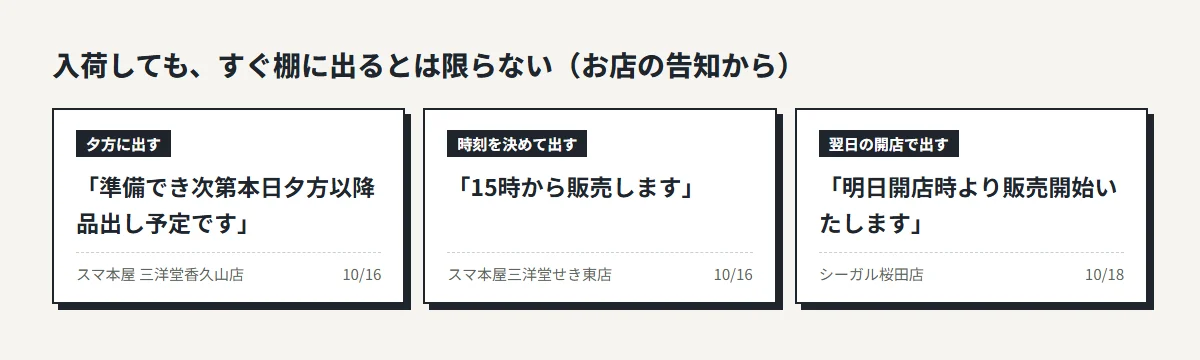 お店の入荷の告知の例。三洋堂香久山店「準備でき次第本日夕方以降品出し予定です」、三洋堂せき東店「15時から販売します」、シーガル桜田店「明日開店時より販売開始いたします」