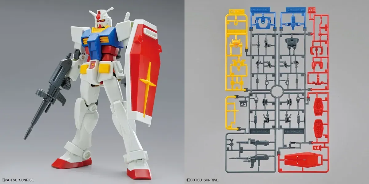 ENTRY GRADE 1/144 RX-78-2 ガンダムの完成見本と、黄・青・グレー・赤のランナー