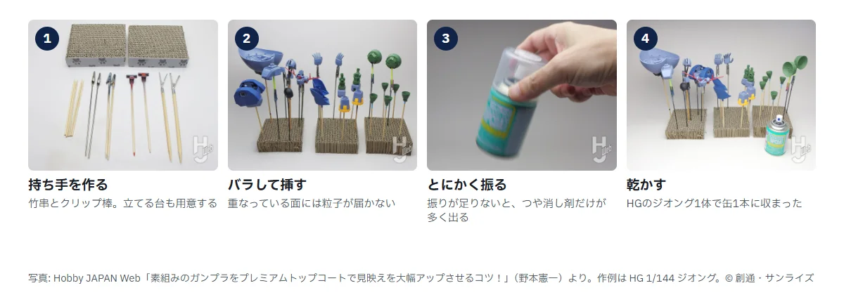 つや消しの準備と吹き方4枚。1 竹串とクリップの付いた棒を並べたところ、2 バラしたパーツを持ち手に挿して段ボールの台に立てた状態、3 スプレー缶を手で振っているところ、4 吹き終えたパーツを台に立てて乾かしている様子とスプレー缶