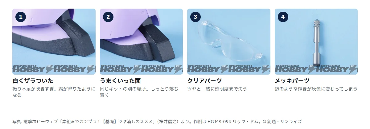 つや消しの失敗と吹いてはいけない部品4枚。1 紫色のパーツの黒い面が白くザラついた状態、2 同じキットできれいにつや消しされた面、3 つや消しを吹いて曇った透明のゴーグル、4 つや消しを吹いて輝きを失ったメッキの金属パーツ