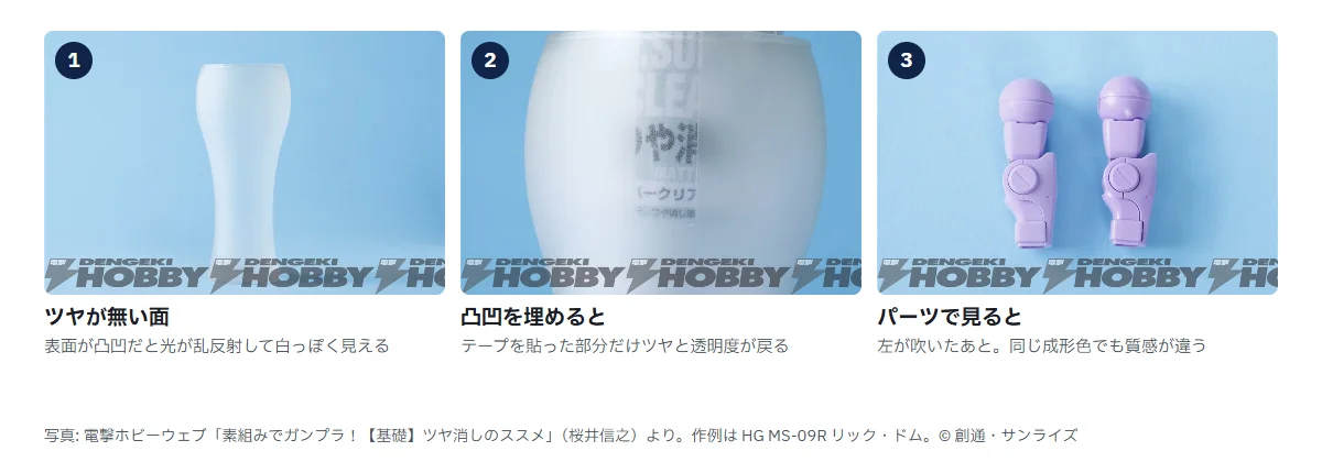 つや消しの仕組み3枚。1 表面がすりガラス状になった白いグラス、2 同じグラスにテープを貼った部分だけ透けて文字が見えている、3 紫色の腕パーツを2つ並べ、左がつや消しをした状態で光沢が無い