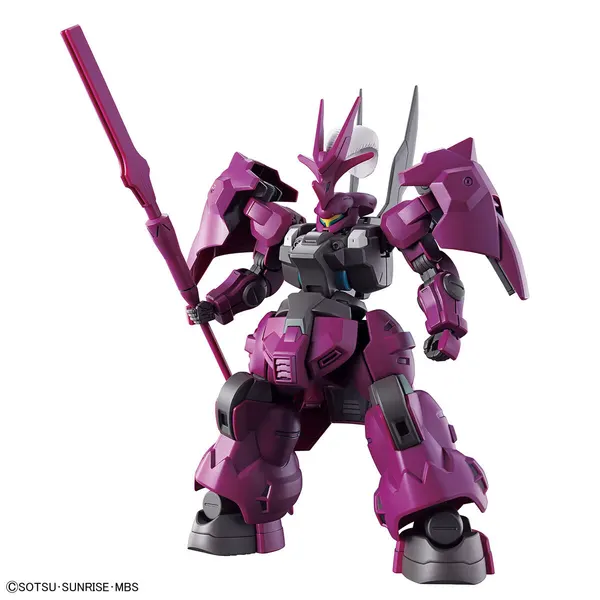 HG 1/144 ディランザ（グエル専用機）の公式の商品写真。紫の重そうな機体がビームパルチザンを持っている